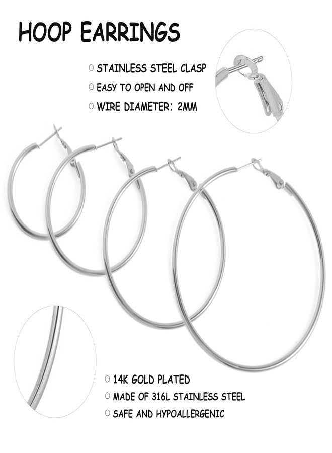YINCUO 4 Pairs Stainless Steel Hoop Silver 30/40/50/60 mm Earrings for Women Hoops Hypoallergenic Thin Lightweight Dangle Set - Image 3